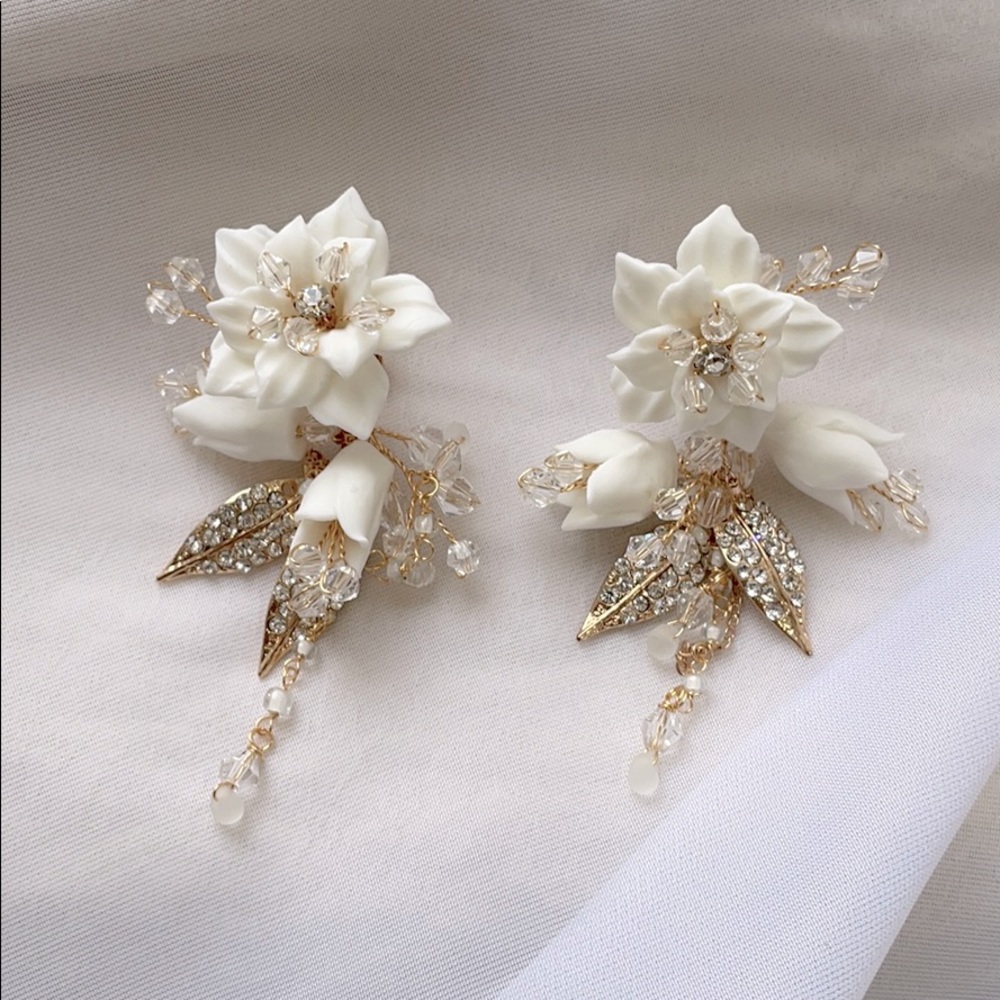 Ceramic Flower Earrings Gold Ivory wedding bridal